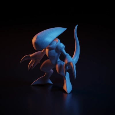Robot with claws and a tail. symmetric geometry. character. sharp edges.