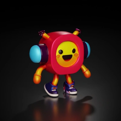 Cartoonish robot with joyful expression, wearing shoes.