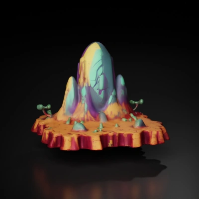 Alien desert rock formation, stylized, some trees, small plants.