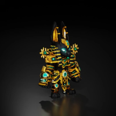Egyptian god-like character with intricate armor, black jackal head.