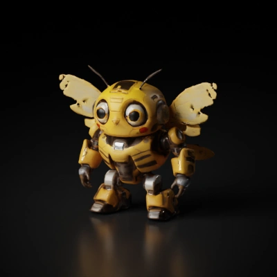 Cute robotic bee with mechanical wings and round eyes. Yellow scratched metal with damaged chrome parts.