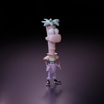 Cartoon character with a unique hairstyle, overalls, big eyes.