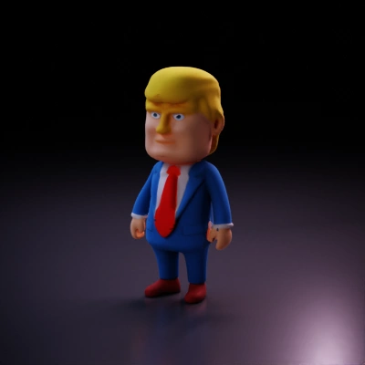 Cartoonish character in a blue suit, red tie.