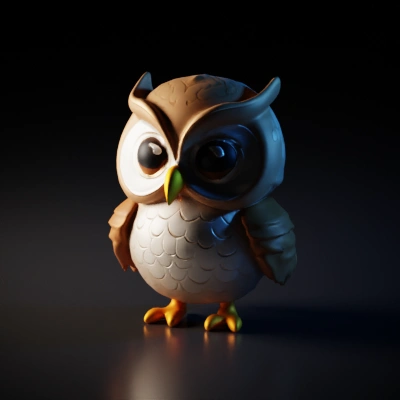 Cartoonish owl, large eyes, friendly appearance.