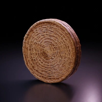 Intricate woven round basket, detailed texture, crafting.