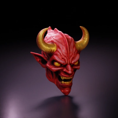 Demonic creature with horns and fangs, menacing expression.