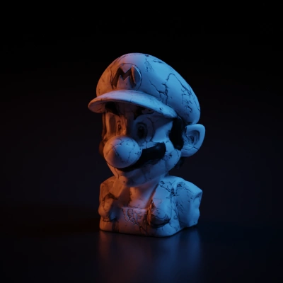 Marble bust of cartoonish plumber in cap.