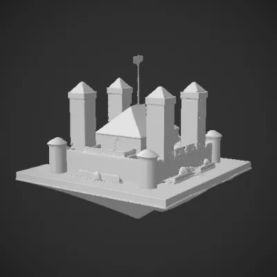 Medieval castle model with towers and walls. symmetric geometry, complex geometry.