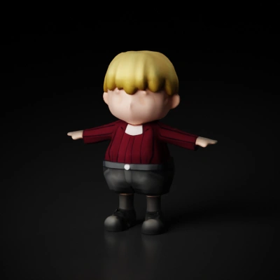 Chubby child character in striped clothing.