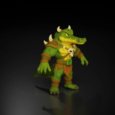 cartoon anthropomorphic alligator warrior.