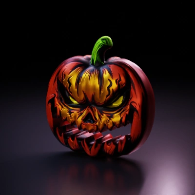 Menacing jack-o'-lantern face with sharp teeth, evil eyes. spherical shape