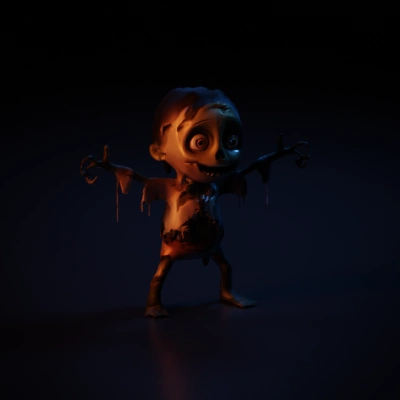 Zombie-like cartoonish character, ragged clothes, grotesque smile.