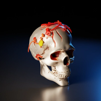 Human skull adorned with vines and leaves.
