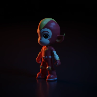 Cartoonish superhero monkey with costume.