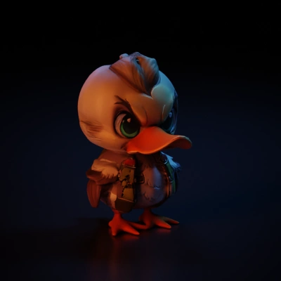 Cartoon duck with military vest, angry expression.