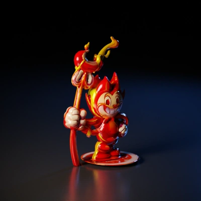 Cartoon devil character holding pitchfork, smiling mischievously.