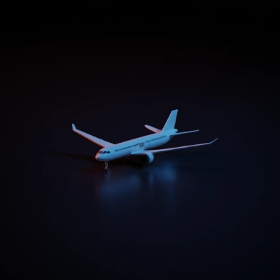 Commercial passenger airplane, stationary, maintenance personnel visible.