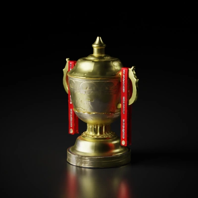 Gold trophy with engravings and ribbons.