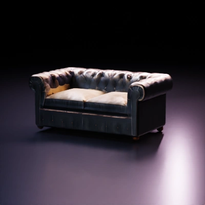 Vintage tufted couch, three cushions, rolled arms.