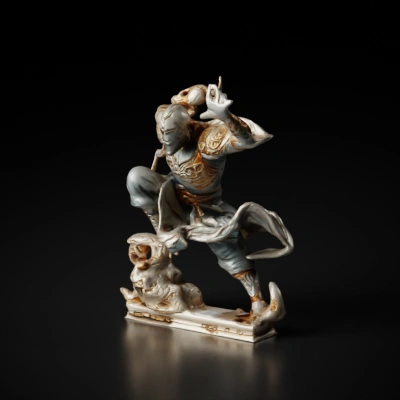 Ancient warrior statue in dynamic pose, detailed armor.
