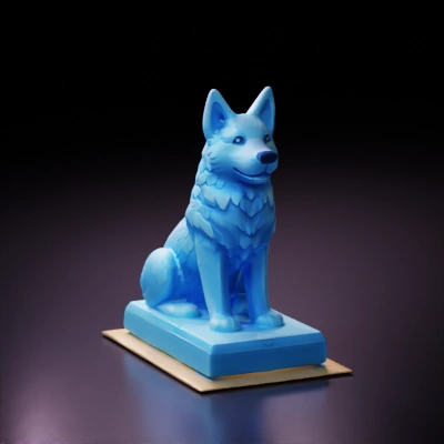Dog statue, sitting, detailed fur pattern, stone base.