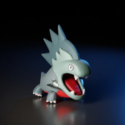 Dinosaur-like creature, open mouth, large fins.