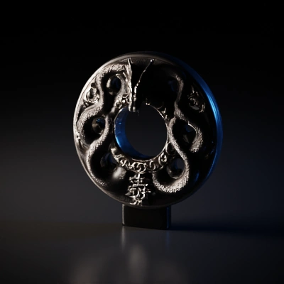 Dragon-themed circular medallion, ancient design, ornate details.