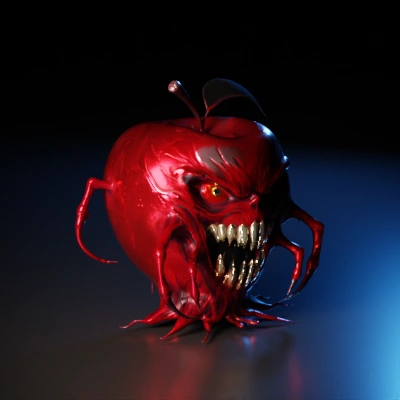 Demonic apple with sharp teeth and glowing eyes.