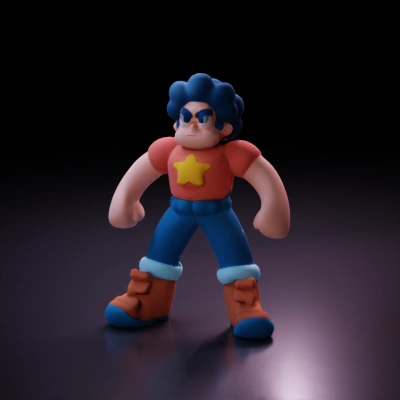 Stylized cartoon character with star on shirt.
