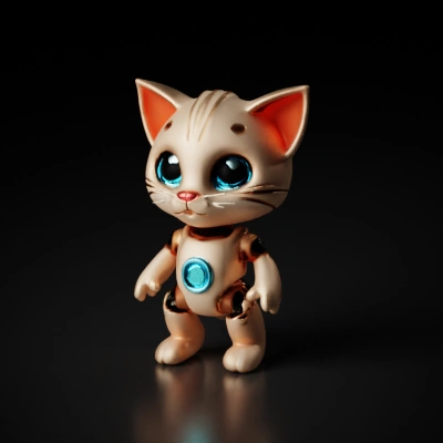 Anthropomorphic robotic cat, large eyes, adorable appearance. metal reflective