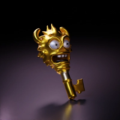 Gold key with a monster face.