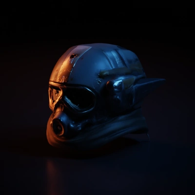 Futuristic helmet with various mechanical components.