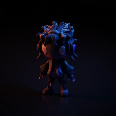 Robot character with digital display face, casual clothing.