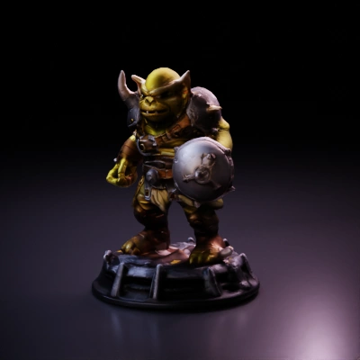 Orc warrior statue, strong stance, armored, holding shield.