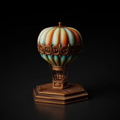 "Focus on capturing every intricate detail of the hot air balloon, from the finely carved decorative elements on the upper section to the elaborate textures and patterns around the balloon's surface. ensure that the ornamental ovals and circular accents are perfectly symmetrical and seamless, pay close attention to the small steering wheel at the base, making sure its spokes and the wheel's rim are well-defined and precise, each engraved section and ornate part must be modeled with exceptional accuracy to highlight the luxurious and artistic nature of the piece, "