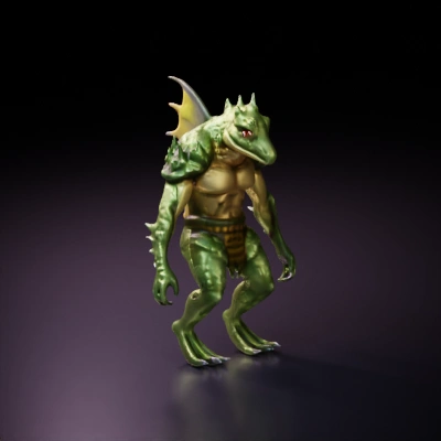 Reptilian humanoid monster with scales and spikes, digital rendering.