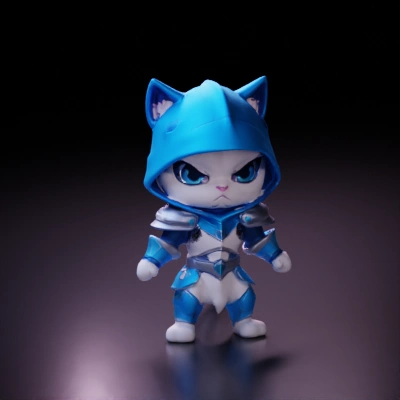 Anthropomorphic armored cat wearing a hood, fantasy style.
