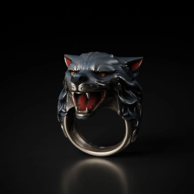 Angry wolf head ring, 3D rendering, plaster texture, outstanding details, high resolution, high quality, unique design elements in the style of an angry wolf.