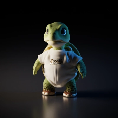 Stuffed toy turtle in a shirt.