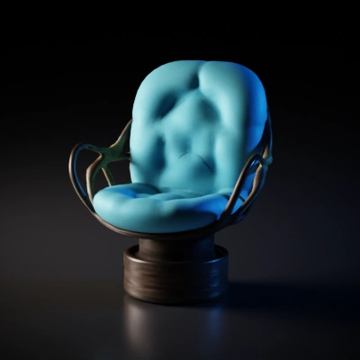 Comfy cushioned chair with rounded base and armrests.