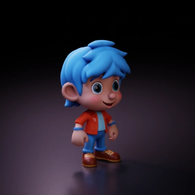 cartoon boy with blue hair.