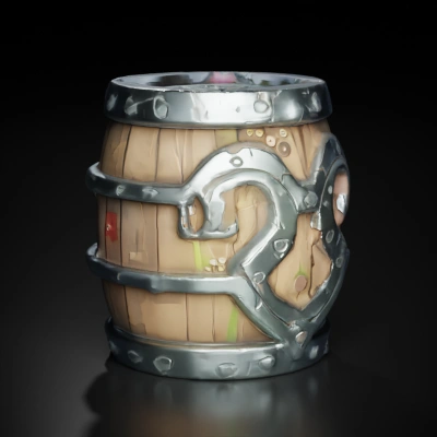 Decorative barrel with intricate carvings, metal reinforcements.