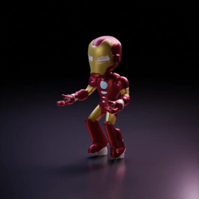 Iron Man chibi-style character, superhero costume, glowing eyes and chest plate.
