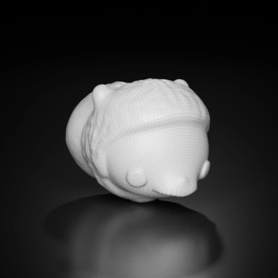 Rounded animal-like figure, simplistic design, textured surface. symmetric geometry. character. smooth edges. simple geometry.