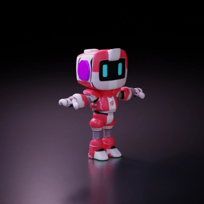 Cartoonish robot character with digital screen face.