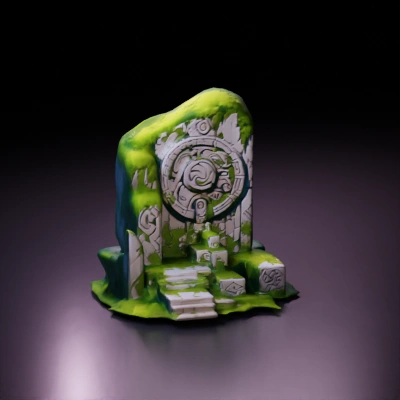 Ancient mystical stone structure with carvings and moss.