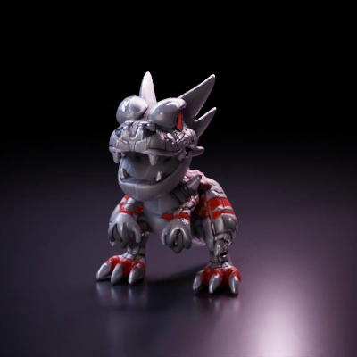 Dinosaur-like robotic character with armored plates and spikes.