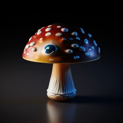 Mushroom with a single eye, whimsical design, large cap. there are hyphae under the cap