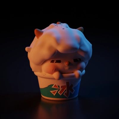 Cartoonish sheep in a cup, cute and cheerful face.