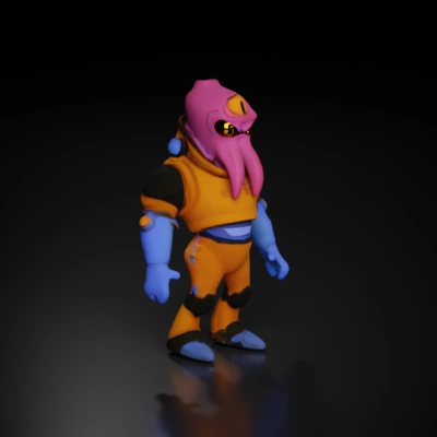Alien character with tentacle head, futuristic suit.